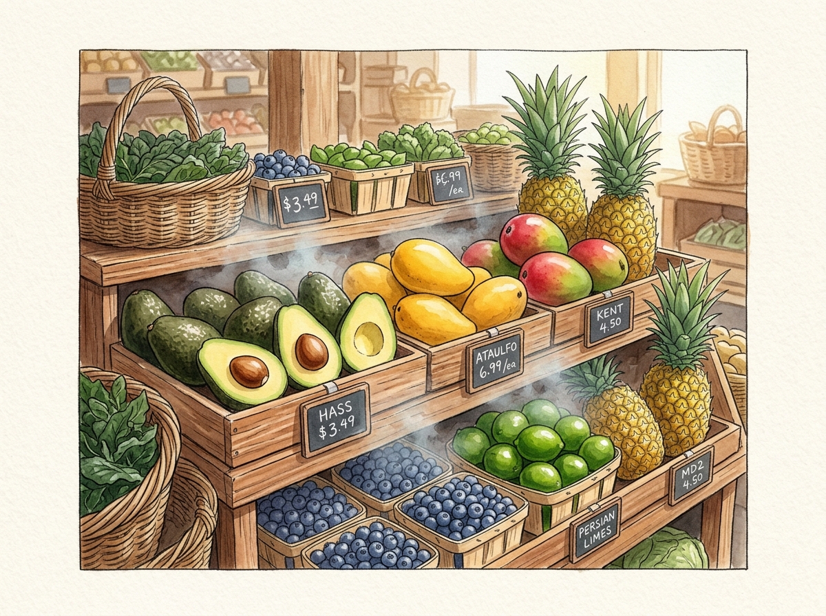 Botanical watercolor illustration of fresh Hass avocados, Honey and Kent mangos, Persian limes, MD2 pineapples, and jumbo blueberries displayed on supermarket produce shelves
