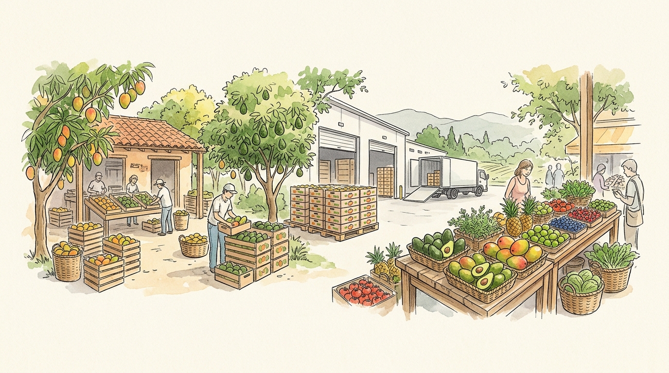Botanical watercolor illustration of cross-border reefer consolidation from origin shed to border cold storage and retail receiving dock