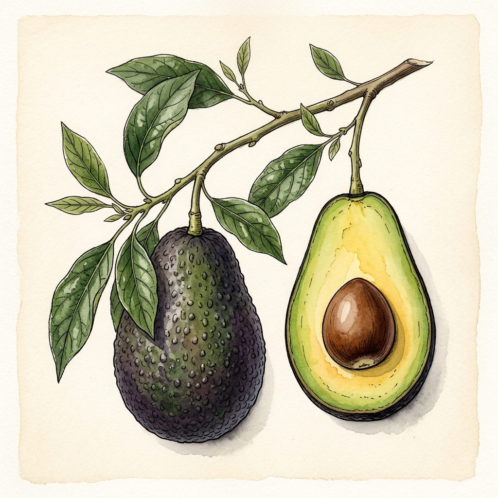 Botanical watercolor of Michoacán Hass Avocados