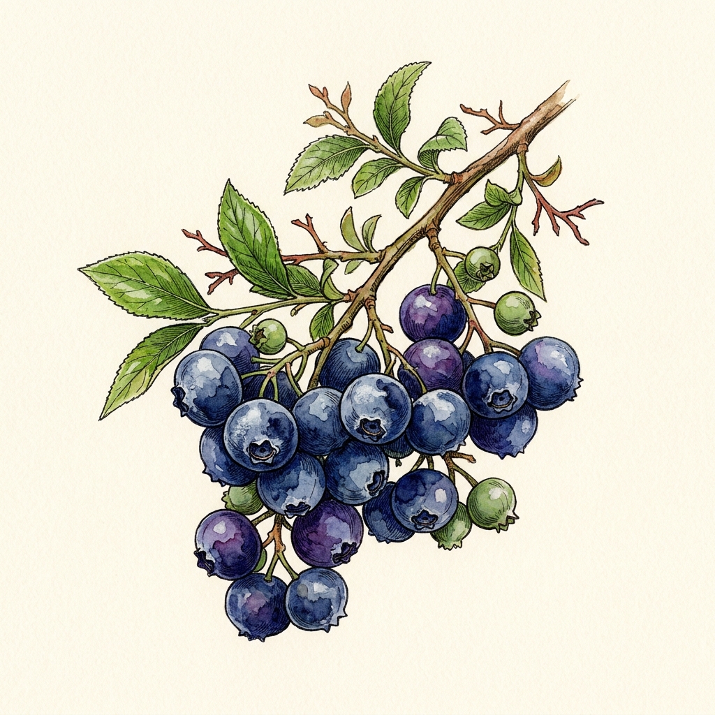 Botanical watercolor of Jumbo Peruvian Blueberries