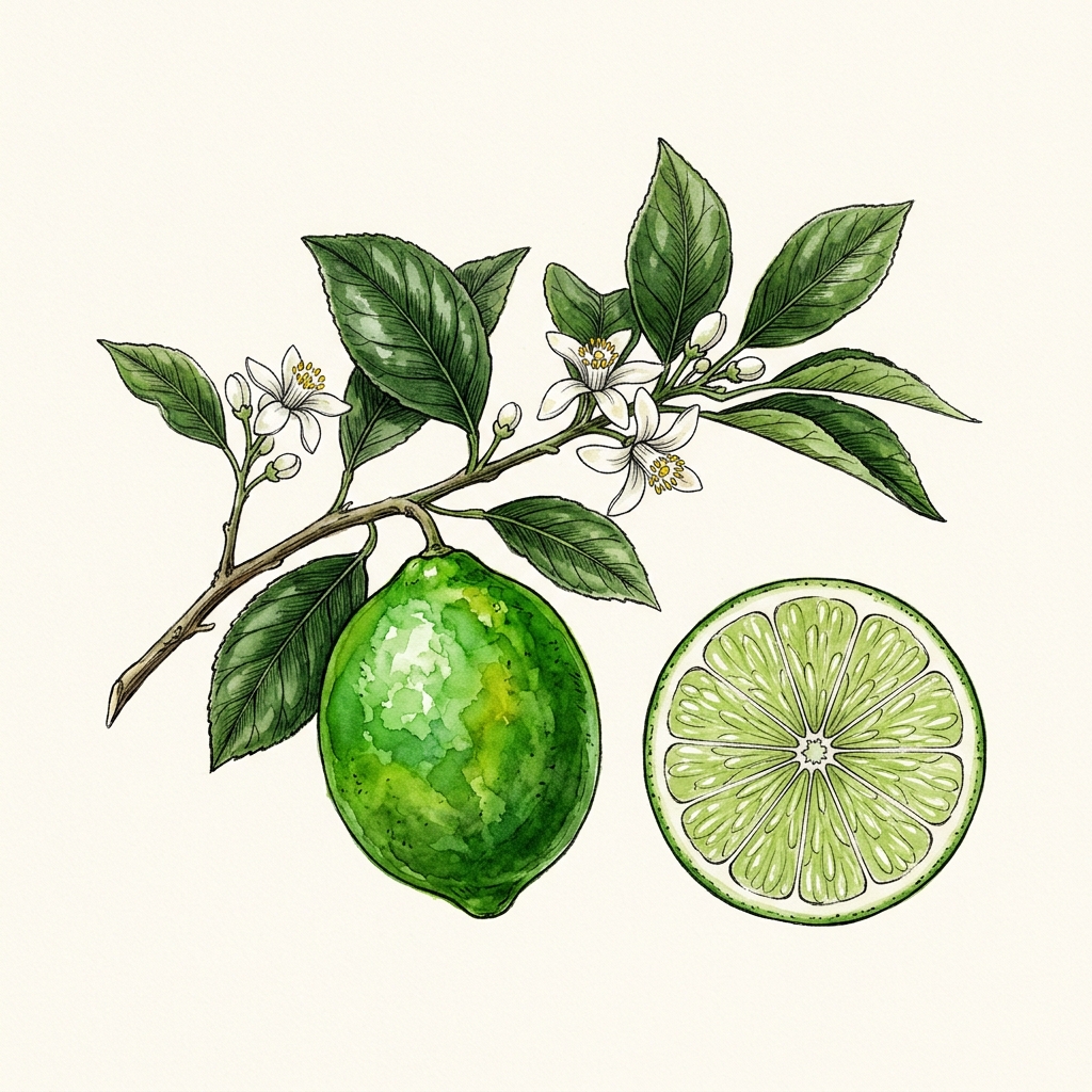 Botanical watercolor of Emerald Seedless Persian Limes