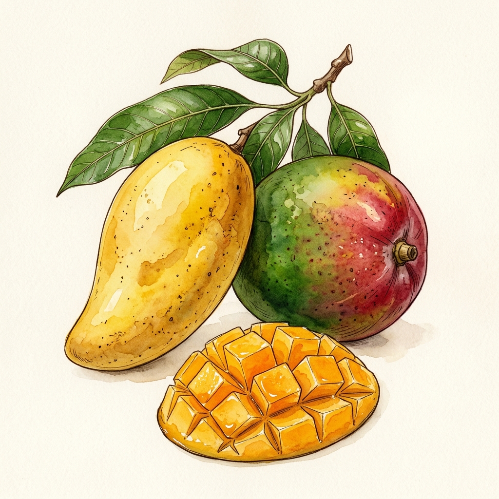Botanical watercolor of Honey and Red Mangos