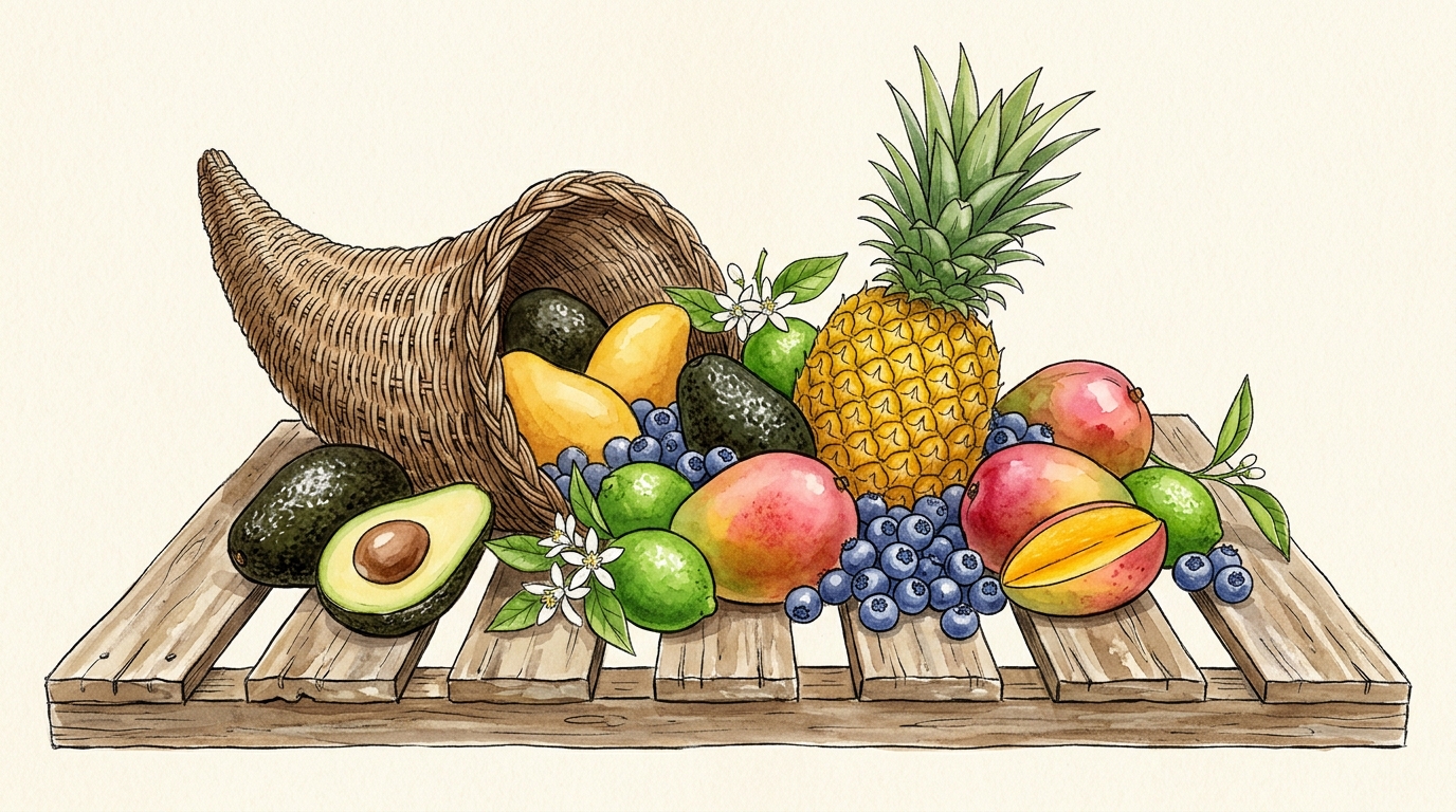 Botanical watercolor illustration of a woven Latin American cornucopia resting on a wooden tarima pallet, overflowing with fresh Hass avocados, Honey mangos, emerald Persian limes, golden MD2 pineapples, and jumbo blueberries