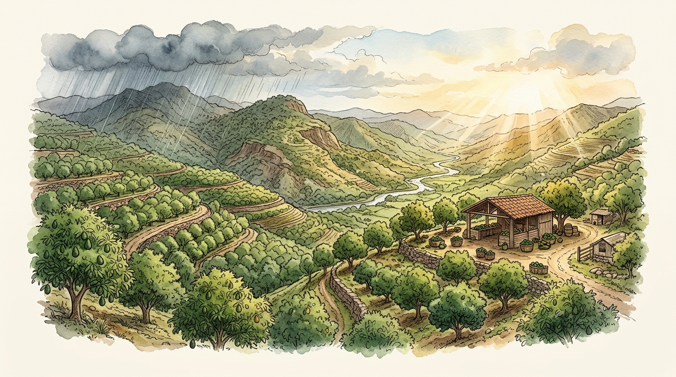 Botanical watercolor landscape of Mexican mountain avocado and mango orchards with tropical rain clouds on the left ridge and golden sunlight over the packing shed valley